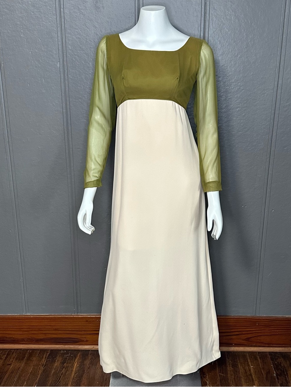 Handmade Moss Green and Cream Gown with Train 60s Vintage